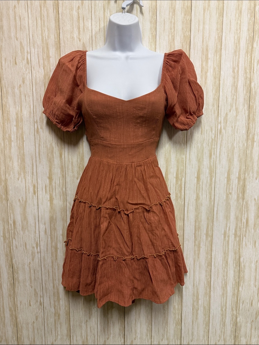 Altar’d State Rust Puff Sleeve Tiered Mini Dress